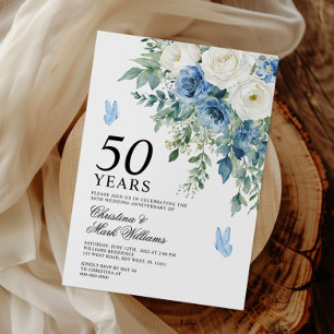 Invitation Fleurs Bleu Poussiéreux 50e Anniversaire de Mariag