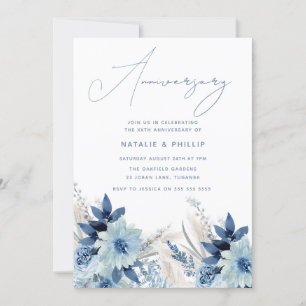 Invitation Fleurs Bleu Poussiéreux 50ème 60ème Anniversaire d