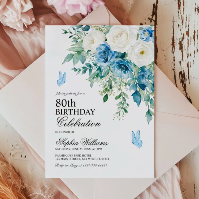 Invitation Fleurs Bleu Poussiéreux 80e Anniversaire (Créateur téléchargé)