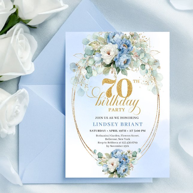 Invitation Fleurs Bleu Poussiéreux Boho Intemporel 70e Annive (Timeless Boho Dusty Blue Flowers 70th Birthday Invite)