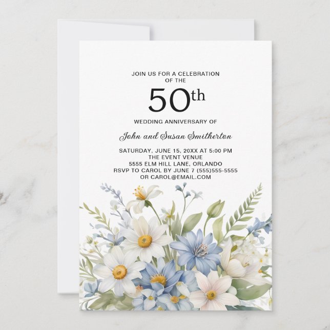 Invitation Fleurs Bleu Poussiéreux Marguerites Blanches 50e A (Devant)