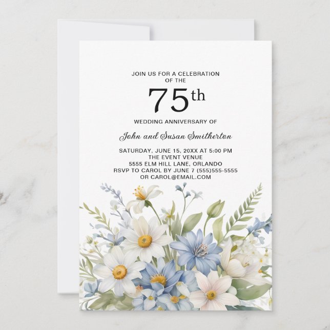 Invitation Fleurs Bleu Poussiéreux Marguerites Blanches 75e A (Devant)