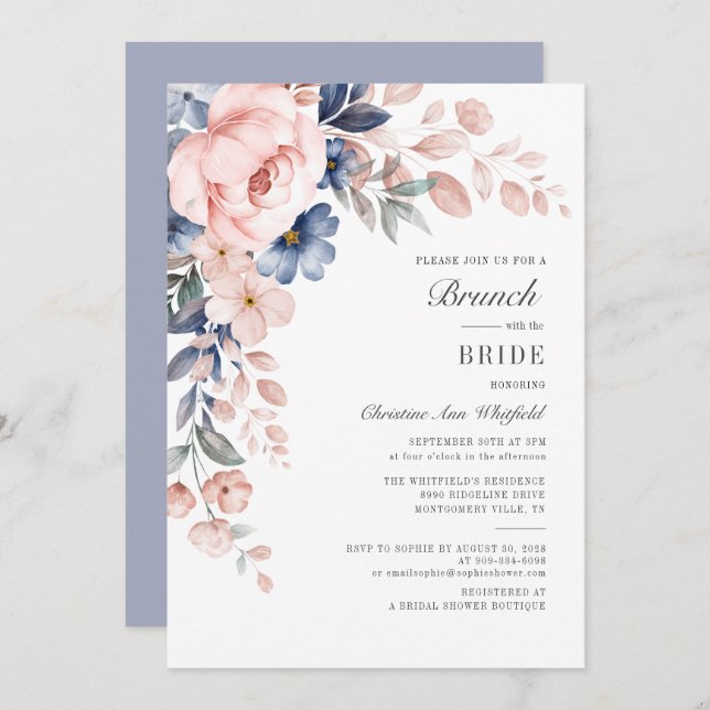 Invitation Fleurs bleu rose Aquarelle Florale Bridal Brunch (Devant / Derrière)