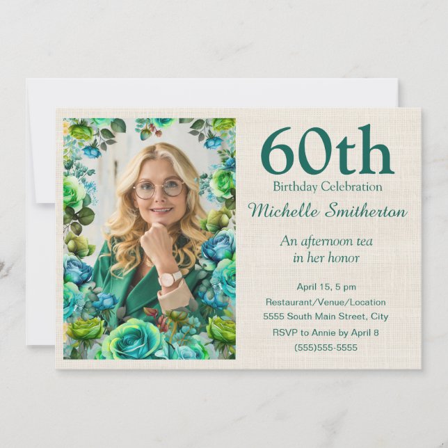 Invitation Fleurs Bleu Vert Moderne 60e Anniversaire Photo (Devant)