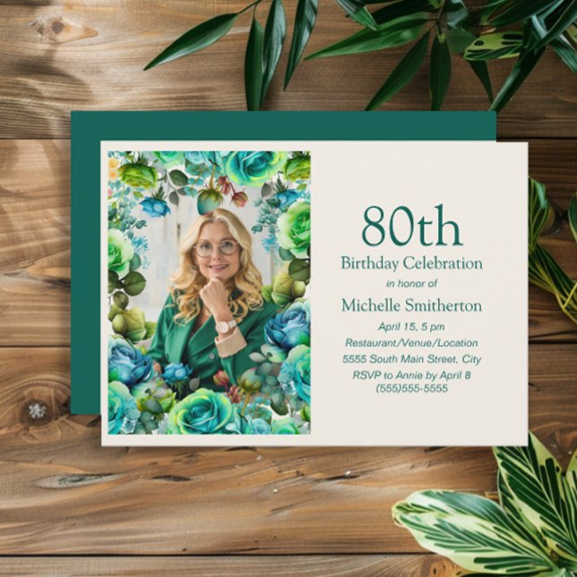 Invitation Fleurs Bleu Vert Sarcelle Photo 80e Anniversaire (Green and blue watercolor floral 80th birthday party photo card)