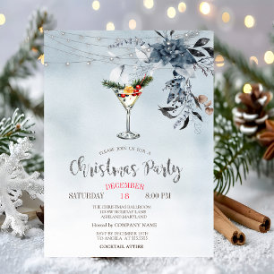 Invitation Fleurs bleues à l'aquarelle, cocktail de Noël lumi