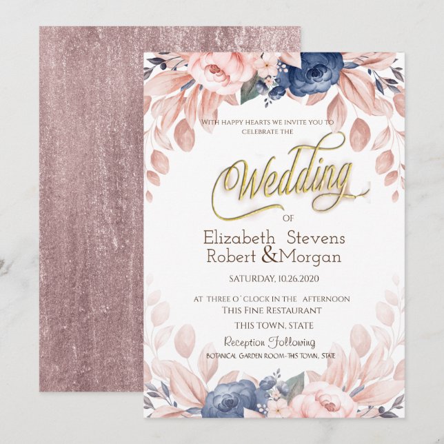 Invitation Fleurs Bleues Aquarelle Mariage (Devant / Derrière)