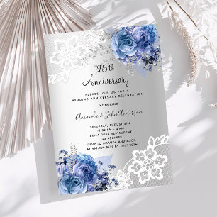 Invitation Fleurs bleues argentées 25e anniversaire de mariag