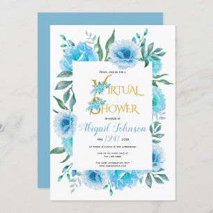 Invitation Fleurs bleues bébé virtuel ou douche nuptiale