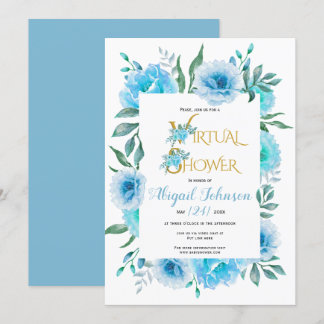 Invitation Fleurs bleues bébé virtuel ou douche nuptiale
