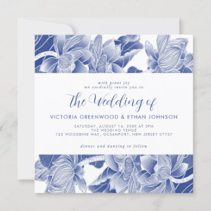 Invitation Fleurs Bleues Blanches Chinoiserie Chic Carré Mari