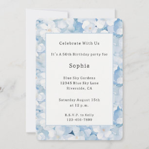 Invitation Fleurs Bleues Blanches Santorin Anniversaire