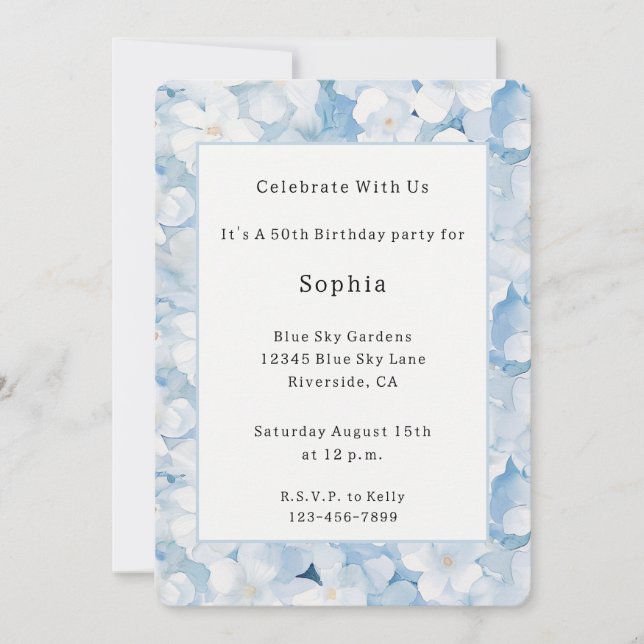 Invitation Fleurs Bleues Blanches Santorin Anniversaire (Devant)