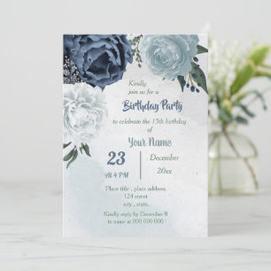 Invitation fleurs bleues blanches verdure fête d'anniversaire