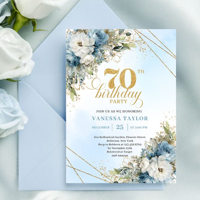 Invitation Fleurs bleues bohèmes intemporelles or 70e anniver (Timeless bohemian blue florals gold 70th birthday invite

)