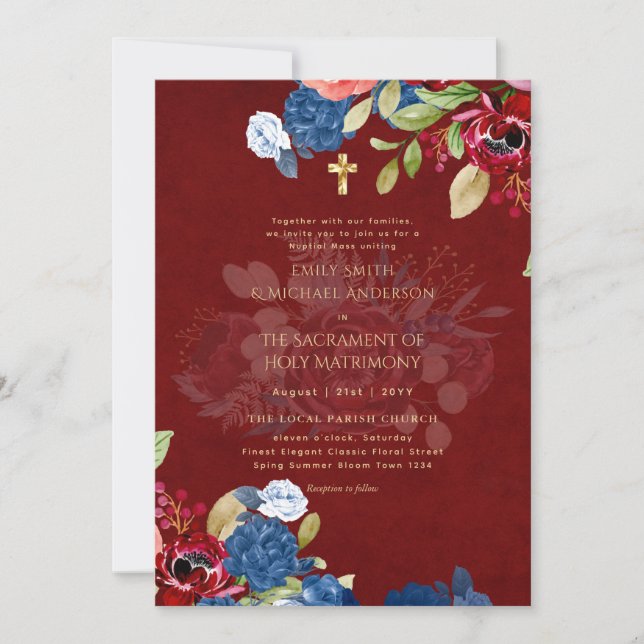 Invitation Fleurs Bleues Bourgogne Catholique NuptialeMasse M (Devant)