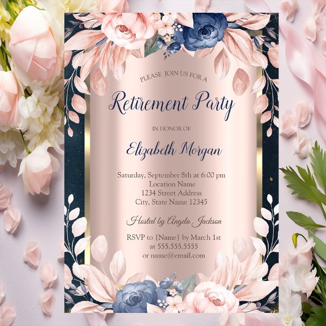 Invitation Fleurs Bleues,Cadre Retraite Bleu Foncé  (Créateur téléchargé)