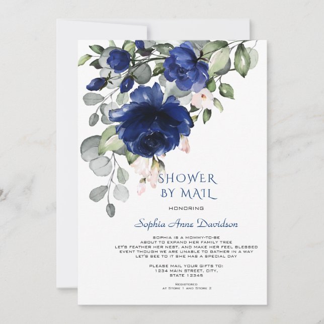 Invitation Fleurs Bleues Charme Baby shower Garçon Par Courri (Devant)