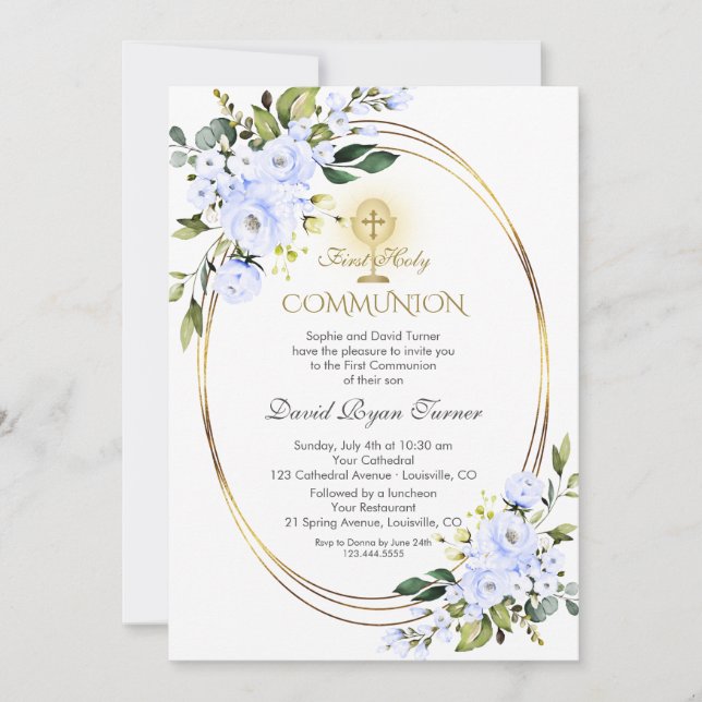 Invitation Fleurs Bleues Charme Garçon Or Première Communion  (Devant)