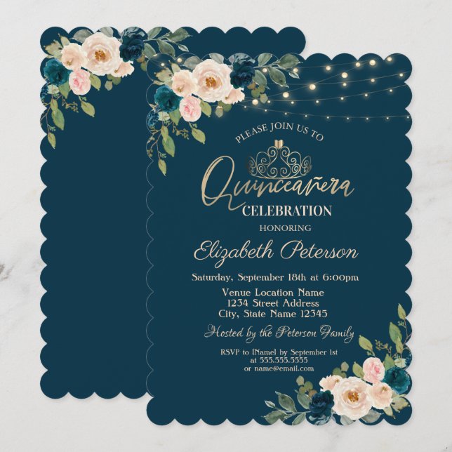 Invitation Fleurs Bleues Chic Lights Quinceañera (Devant / Derrière)