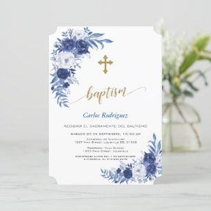 Invitation Fleurs Bleues Classiques Modernes Croix Boy Baptêm
