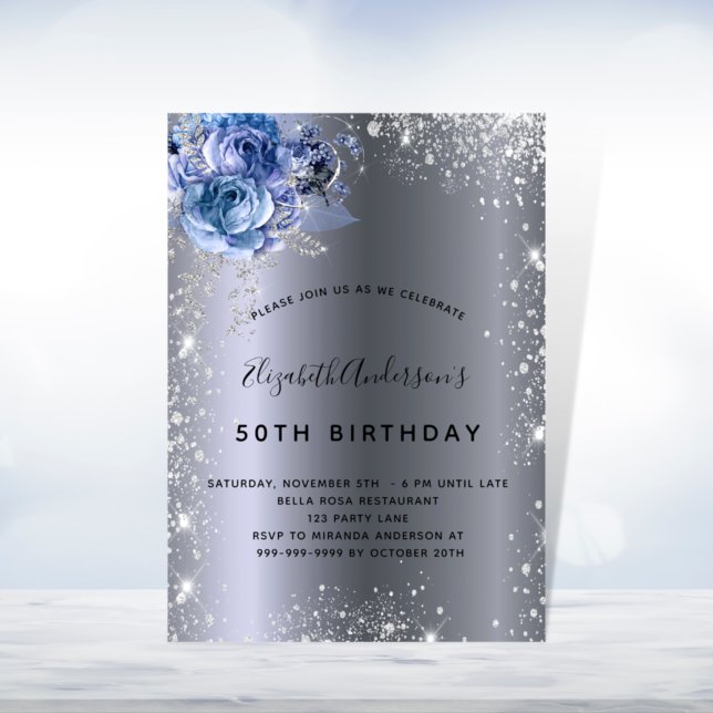Invitation Fleurs bleues d'anniversaire argent parties scinti (Créateur téléchargé)