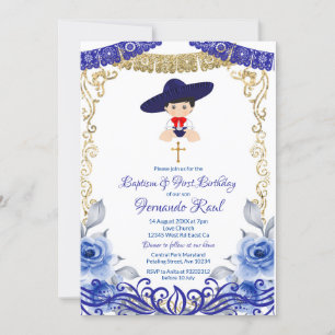 Invitation Fleurs bleues de la marine Fiesta Baptême et anniv