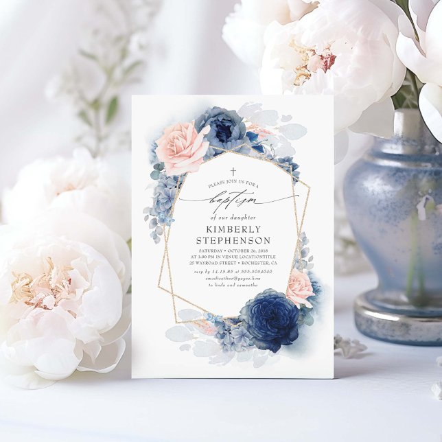Invitation Fleurs bleues de la marine rose poussiéreuse Baptê (Dusty Blue and Pink Floral Boho Baptism Invitations)