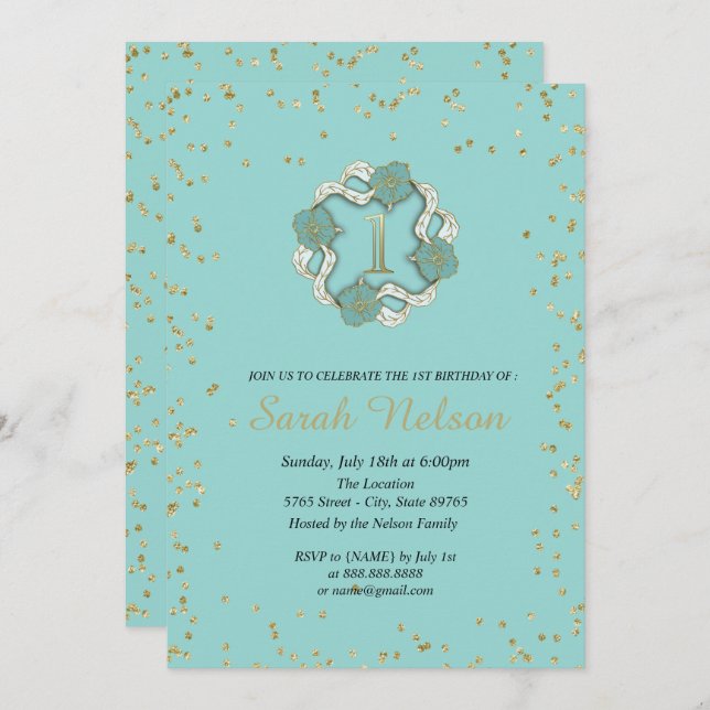 Invitation Fleurs bleues de luxe Gold Parties scintillant Par (Devant / Derrière)