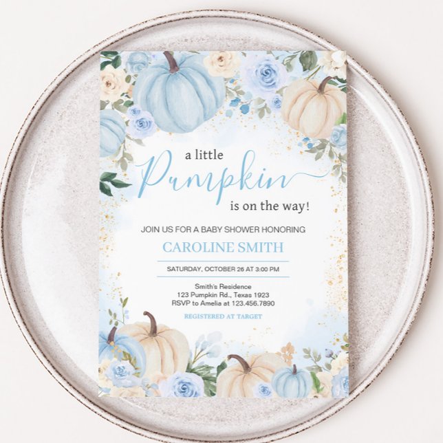 Invitation Fleurs bleues de verdure Petite citrouille Baby Sh (Greenery Floral Pumpkin Invitation)