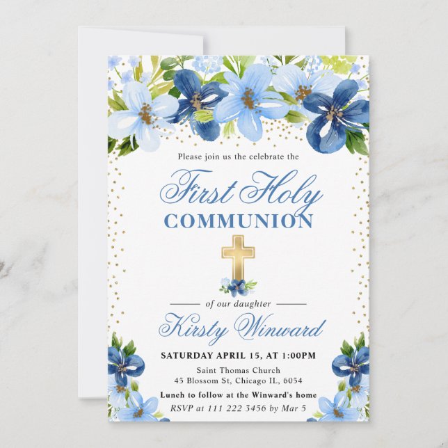 Invitation Fleurs bleues d'été Première Sainte Communion (Devant)
