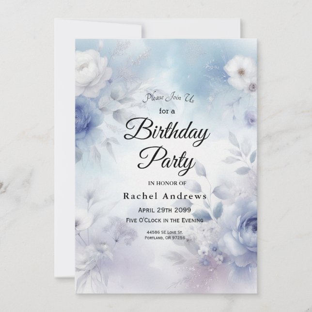 Invitation Fleurs bleues douces et Lavender Mist Anniversaire (Devant)