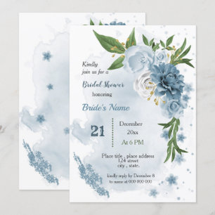 Invitation fleurs bleues & douches feuilles vertes