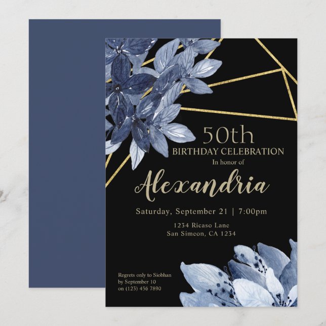 Invitation Fleurs bleues élégantes et fête d'anniversaire d'o (Devant / Derrière)
