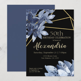 Invitation Fleurs bleues élégantes et fête d'anniversaire d'o