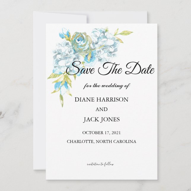Invitation Fleurs Bleues Enregistrer La Date De Mariage (Devant)