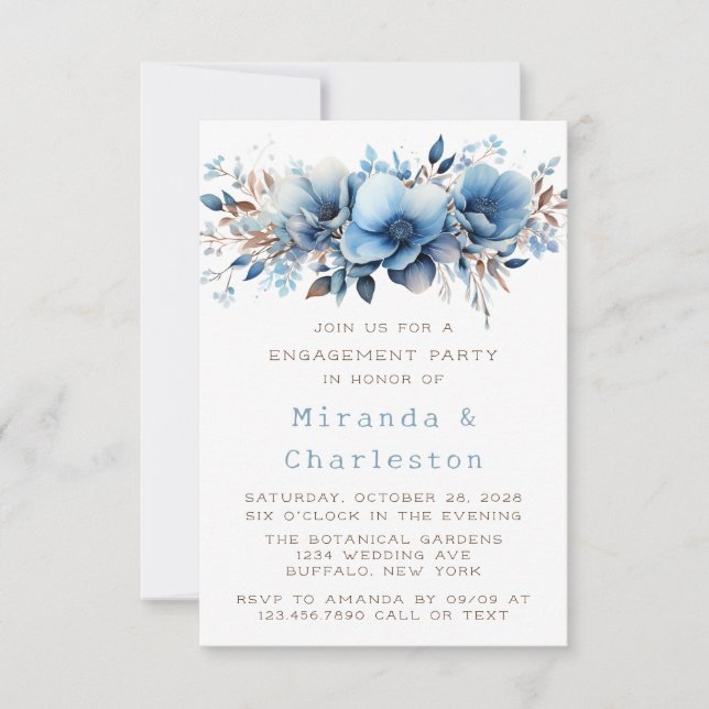 Invitation Fleurs bleues et blanches chic pour la fête de fia (Devant)