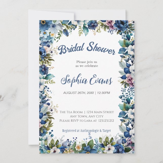 Invitation Fleurs Bleues et Blanches Fête de Mariage Blanche (Devant)