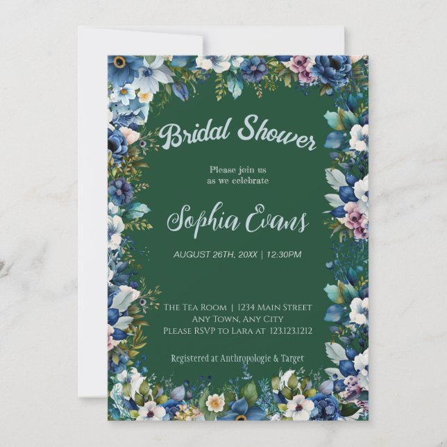 Invitation Fleurs bleues et blanches Fête de mariage verte (Devant)