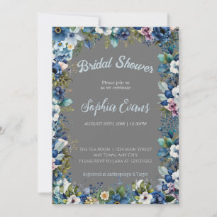 Invitation Fleurs bleues et blanches Fête des mariées gris
