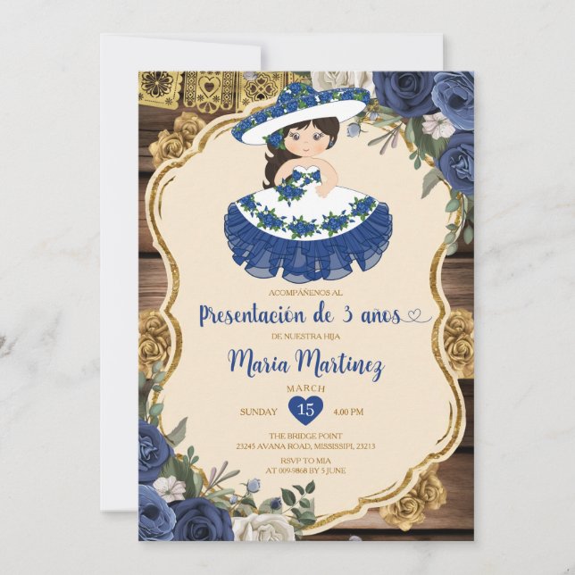 Invitation Fleurs bleues et blanches Presentación De Tres Año (Devant)