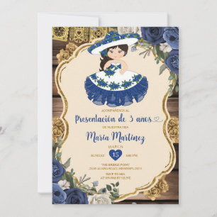 Invitation Fleurs bleues et blanches Presentación De Tres Año