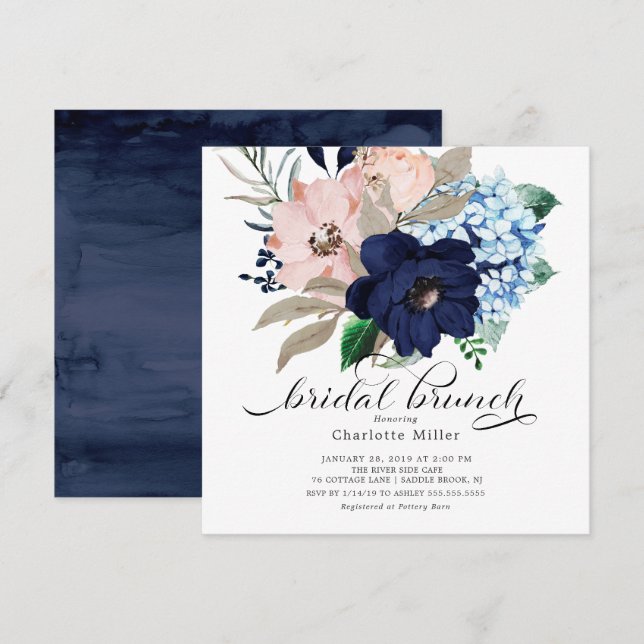 Invitation Fleurs bleues et bleues de la marine Brunch nuptia (Devant / Derrière)