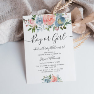 Invitation fleurs bleues et blush sexe bébé révéler