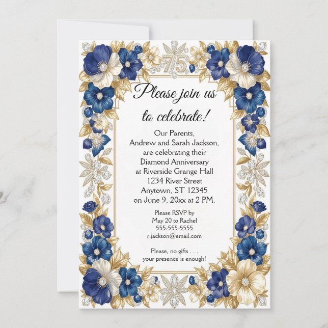 Invitation Fleurs Bleues et Diamants 75e Anniversaire (Devant)