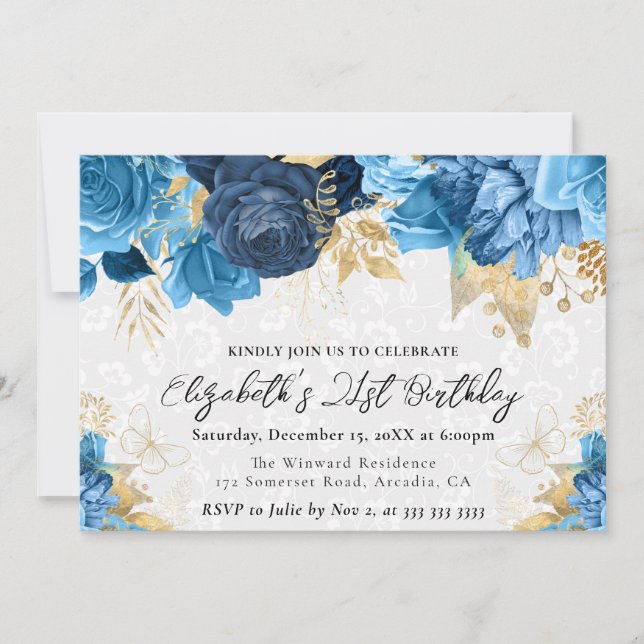 Invitation Fleurs Bleues et Dorées Aquarelle 21e Anniversaire (Devant)