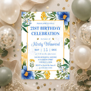 Invitation Fleurs Bleues et Jaunes à l'Aquarelle Anniversaire