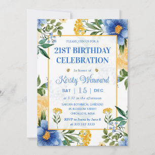 Invitation Fleurs Bleues et Jaunes à l'Aquarelle Anniversaire