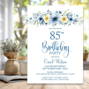 Invitation Fleurs bleues et jaunes à l'aquarelle pour 85e ann