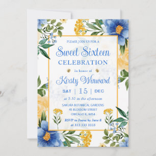 Invitation Fleurs bleues et jaunes à l'aquarelle Sweet Sixtee